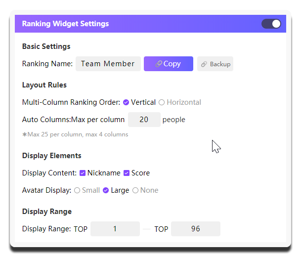 MCA-Ranking Widget Settings
